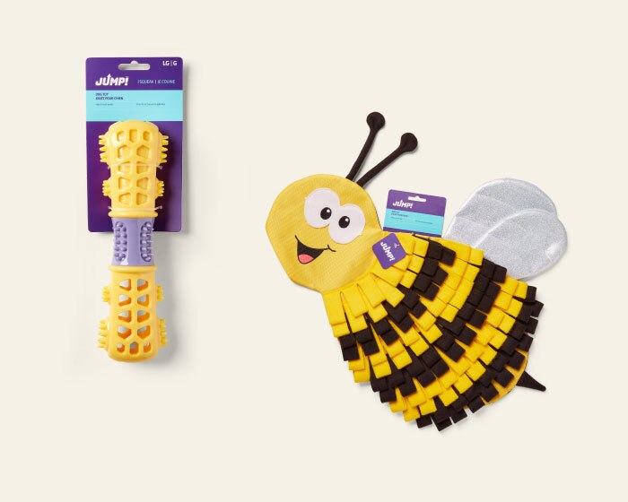 New Arrivals - JUMP! Bee Snuffle Dog Matt; JUMP! Dental Stick with Squeaker Yellow Dog Toy