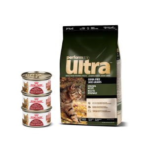 Cans of Royal Canin Adult Instinctive Thin Slices In Gravy and a bag of Performatrin Ultra Grain-Free Original