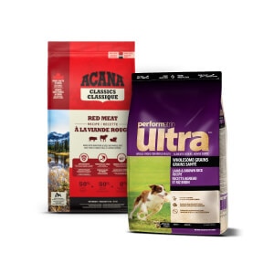 Bags of ACANA Classic Red and Performatrin Ultra Wholesome Grains Lamb & Brown Rice