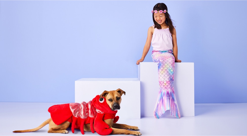 Dog in a lobster costume with a child in a mermaid costume