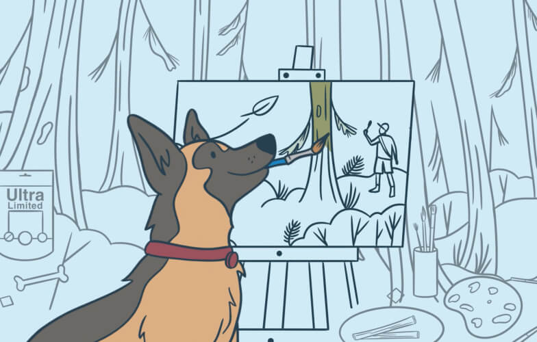 Bosley’s Illustration of Dog painting the rainforest